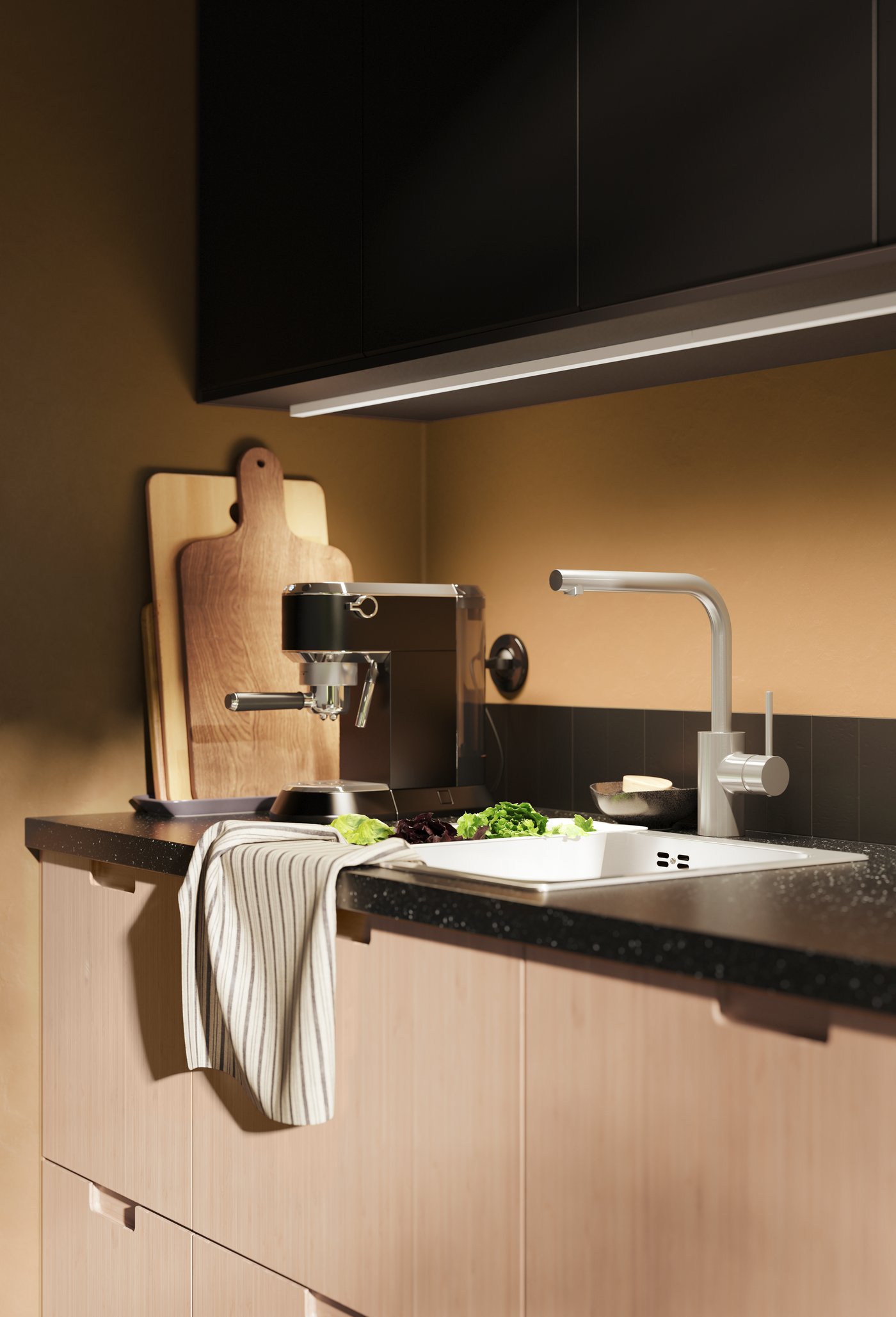 A white/Fröjered light bamboo METOD base cab f sink+2 fronts/2 drawers in the kitchen