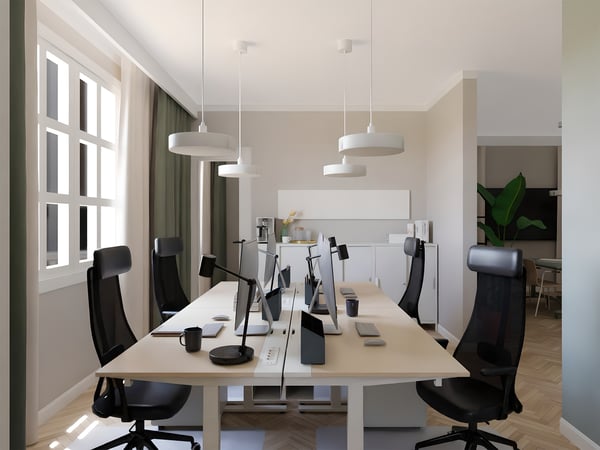Projekt przestronnego biura wykonany przez projektantów wnętrz IKEA.