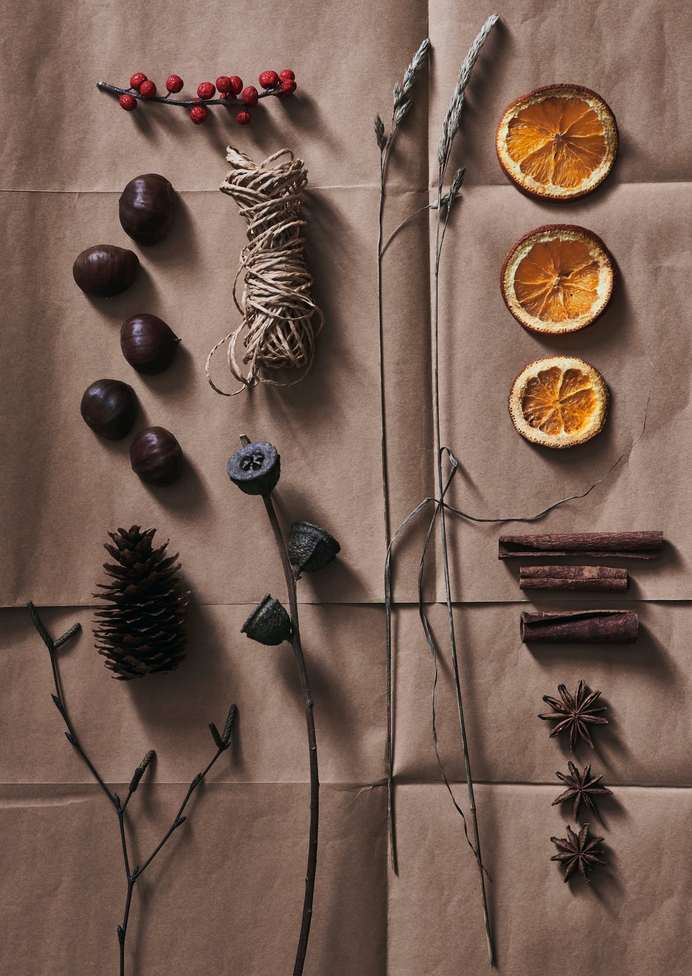 Varie decorazioni naturali come erbe e bacche, spezie intere e fette di agrumi essiccati per decorare la tavola di Natale.