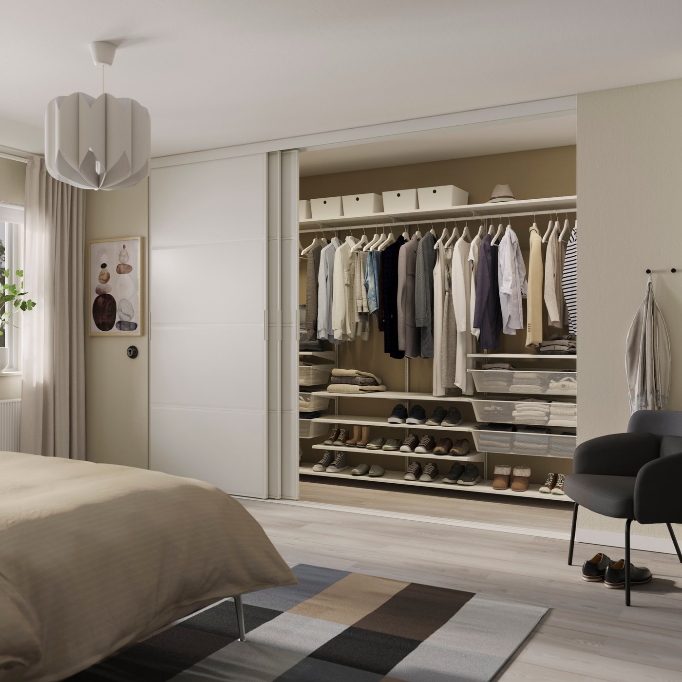 A white/Tjörhom white BOAXEL walk-in wardrobe with sliding doors