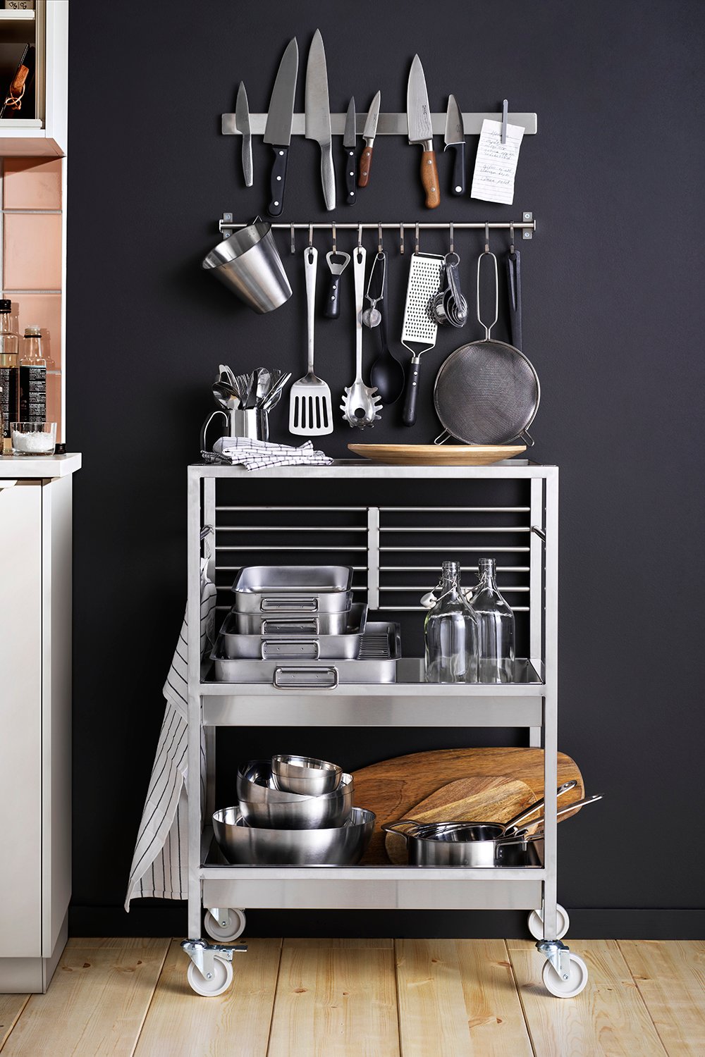 A stainless steel KUNGSFORS kitchen cart in the kitchen