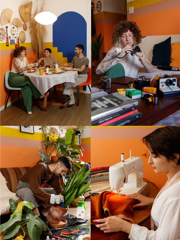 Felipe, Gabriela, and Giovanna having a meal together along with pictures of them following their own passions like sowing, photography and gardening.