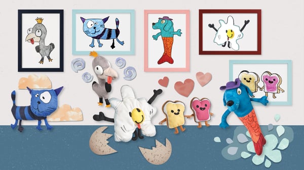 Several new SAGOSKATT soft toys including a fried egg, dodo bird king, dog mermaid, a blue cat, and two pieces of PB&J bread.