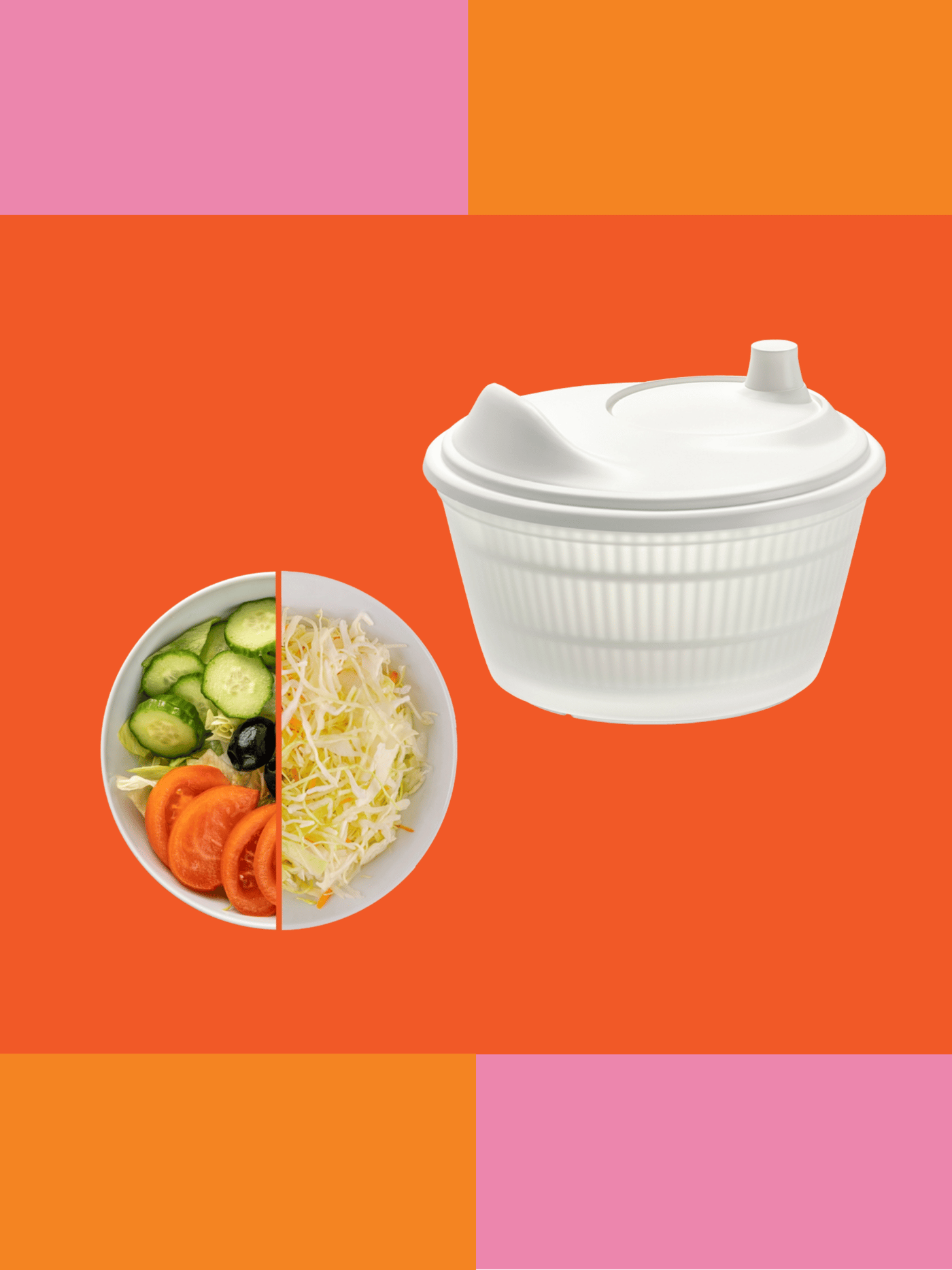Bol de salată colorată, cu legume proaspete și varză rasă, alături de un recipient alb pentru sos, pe fundal grafic portocaliu cu accente roz.