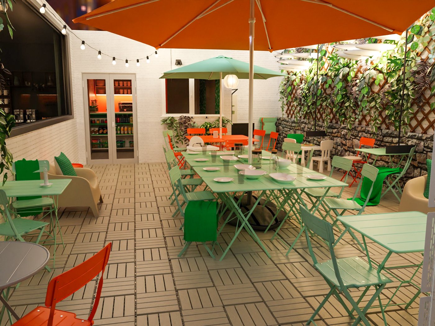 Teil der Terasse eines Hotels. Blick auf den Eingang zum Café. Rechts ein Panoramafenster zum Restaurant. Tische mit Stühlen und zwei Sonnenschirme. Ein großer Tisch ist eingedeckt.