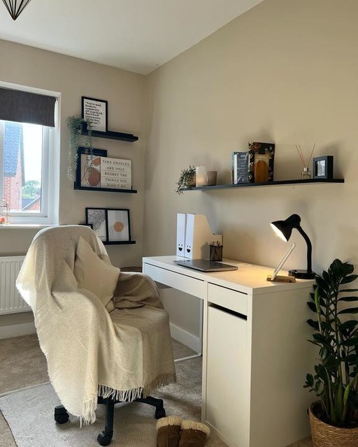 A softly lit home office corner