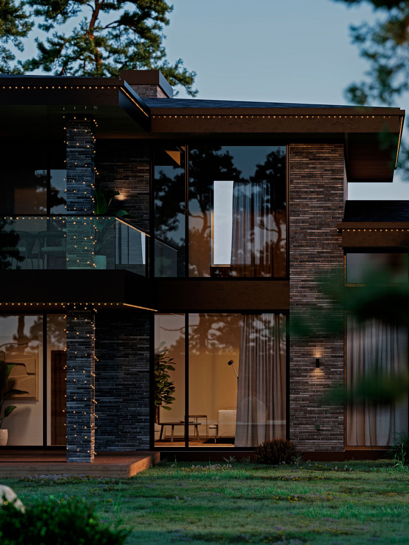 Modernes zweistöckiges Haus mit großen Glasfronten und Steinverkleidung, Balkon mit Glasgeländer, warm beleuchteten Innenräumen und umlaufender Lichterkette an der Dachkante, umgeben von Grünfläche in der Abenddämmerung.