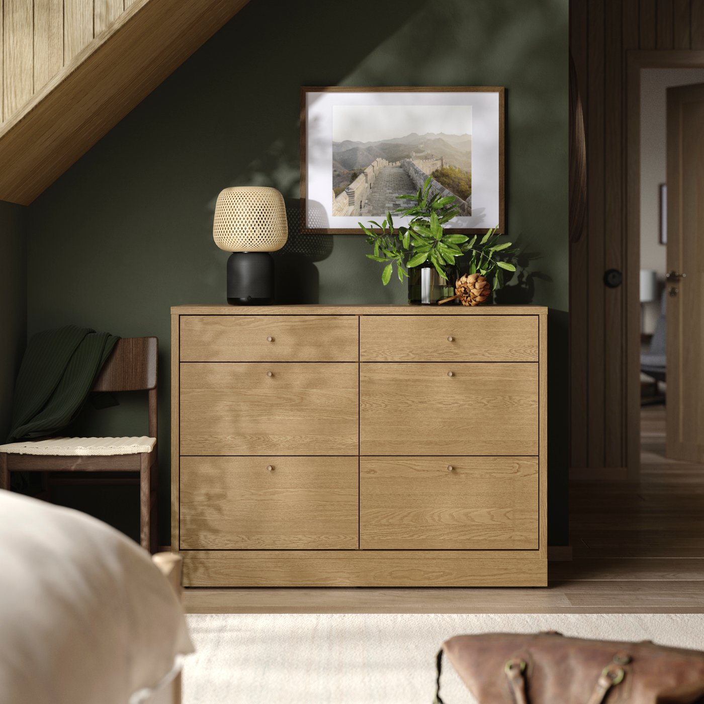 An oak veneer/anchor/unlock-function TONSTAD chest of 6 drawers in the bedroom