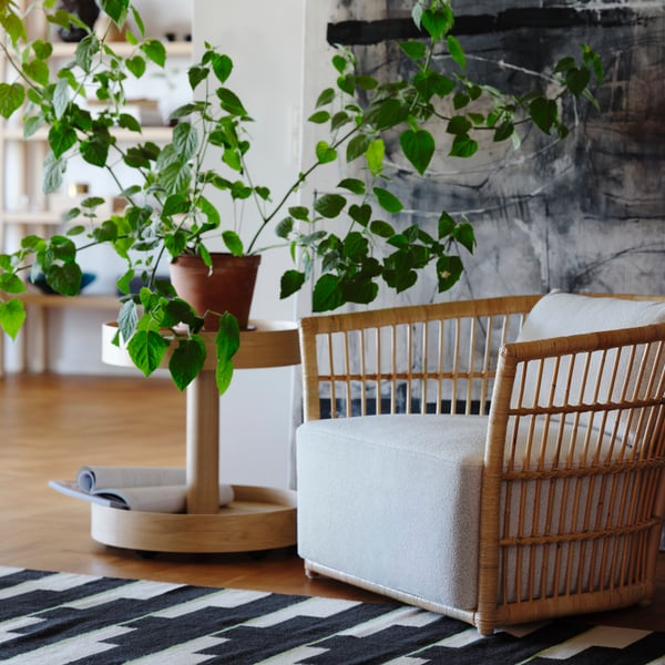 En STOCKHOLM 2025 rotting stol med gråhvit sitepute i en stue med et eik sidebord med planter.