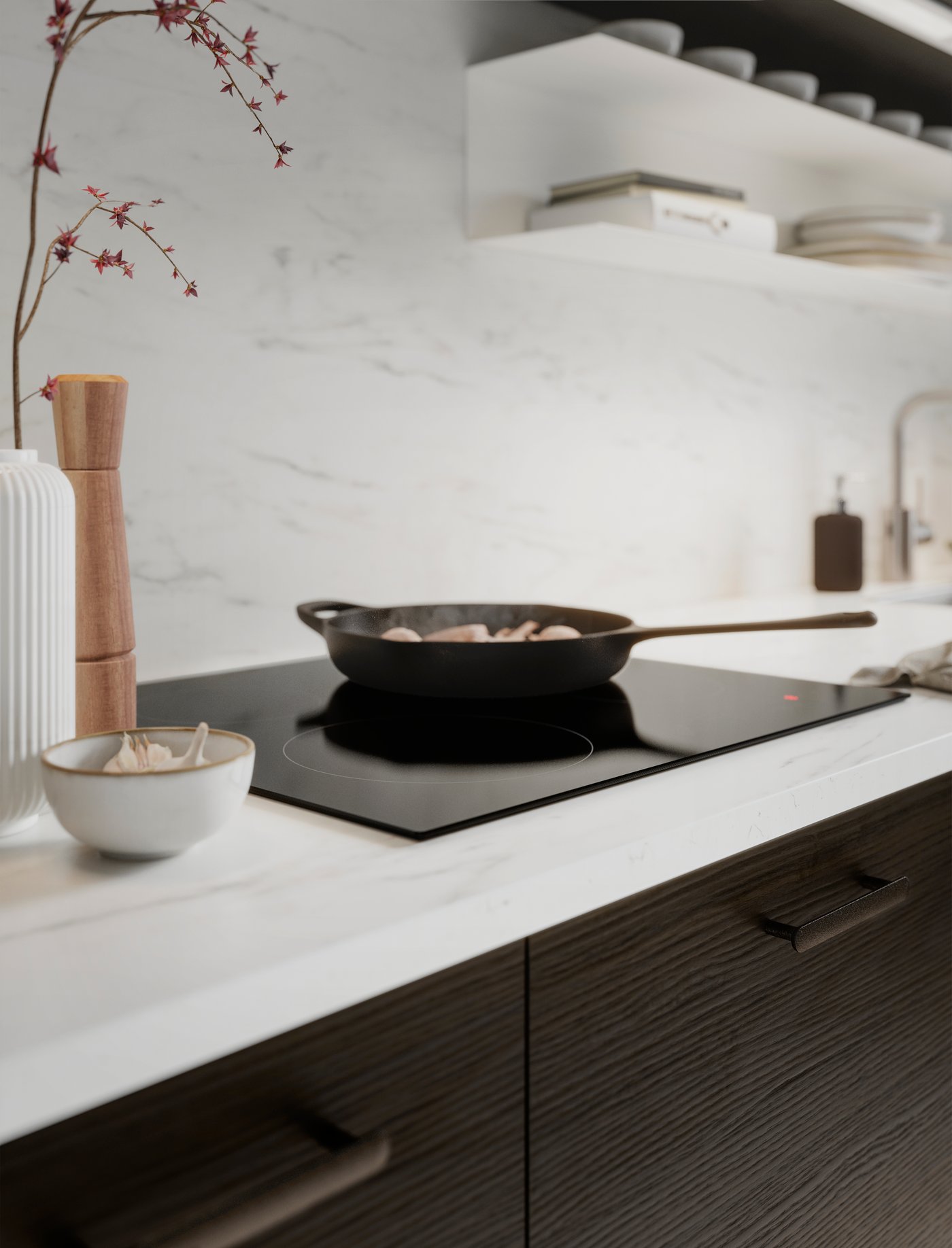 A white mineral effect/quartz KASKER custom made worktop in the kitchen