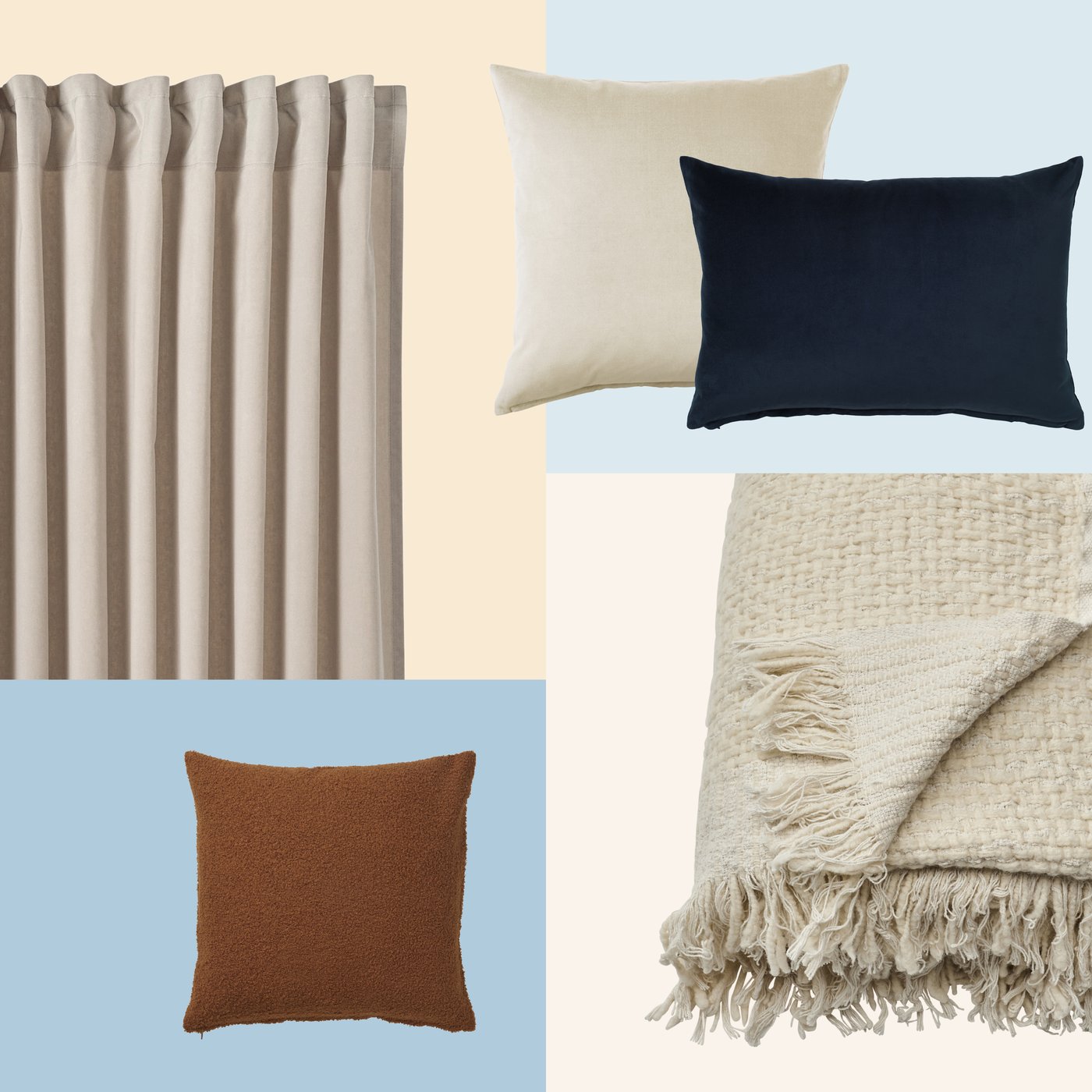 A shopping spread with SANELA curtains, LAPPTÅG throw and SANELA cushion covers on a light blue and beige background.
