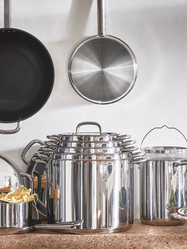A stainless steel IKEA 365+ pot with lid