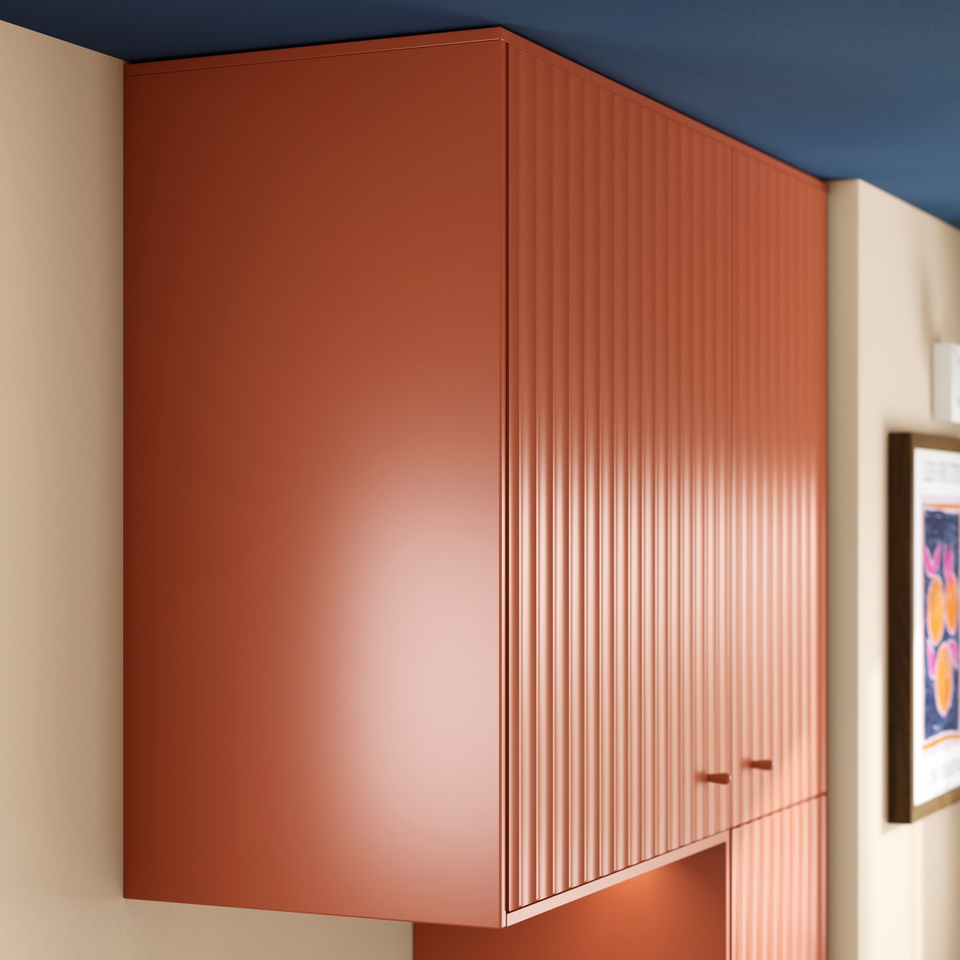 A kitchen cabinet with a TERRSJÖ accent door in a red-brown wave pattern has a red-brown, smooth cover panel on the side.