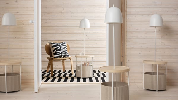 A white metal/birch veneer TRINDSNÖ floor lamp