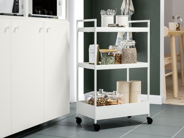 A white NISSAFORS trolley in the kitchen