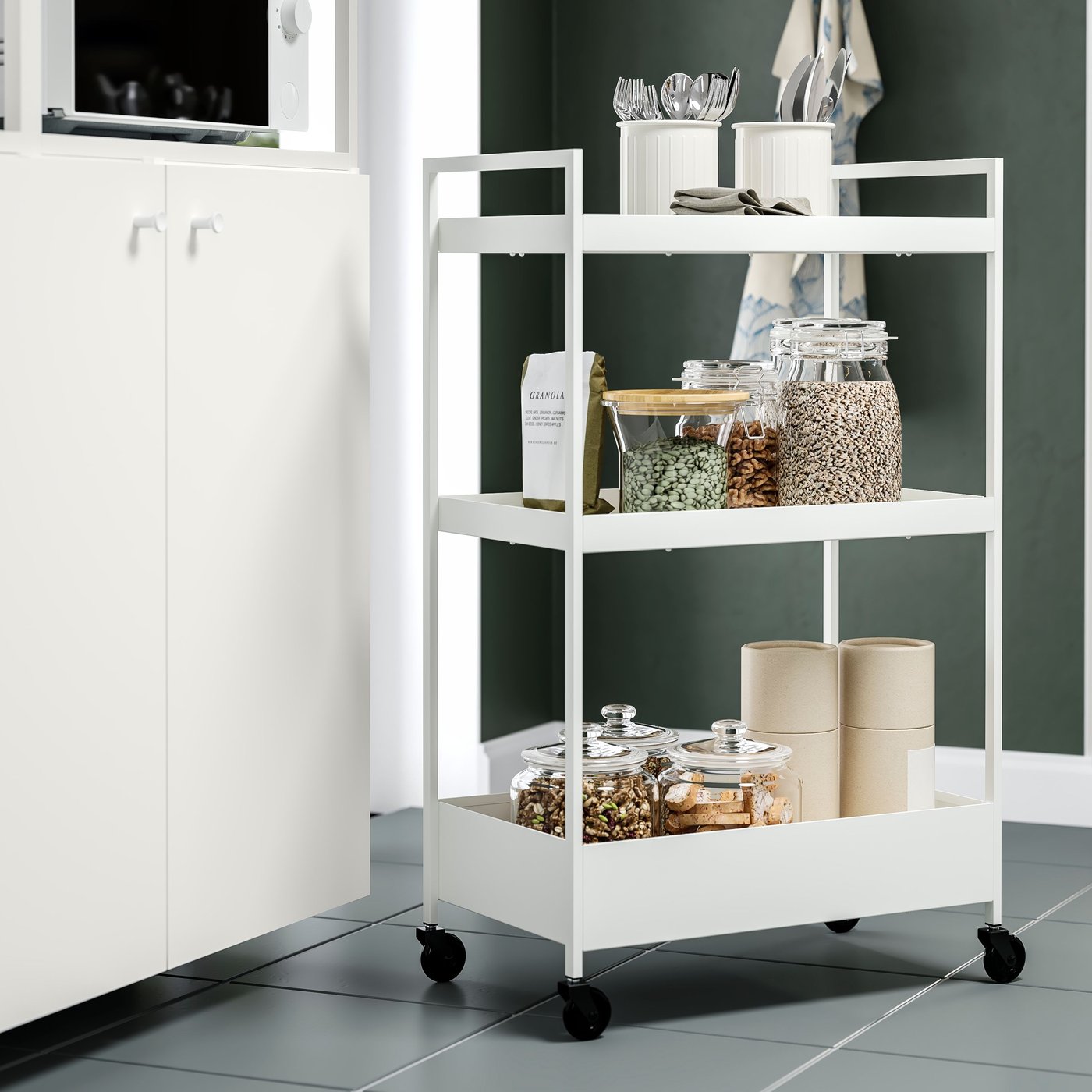 A white NISSAFORS trolley in the kitchen