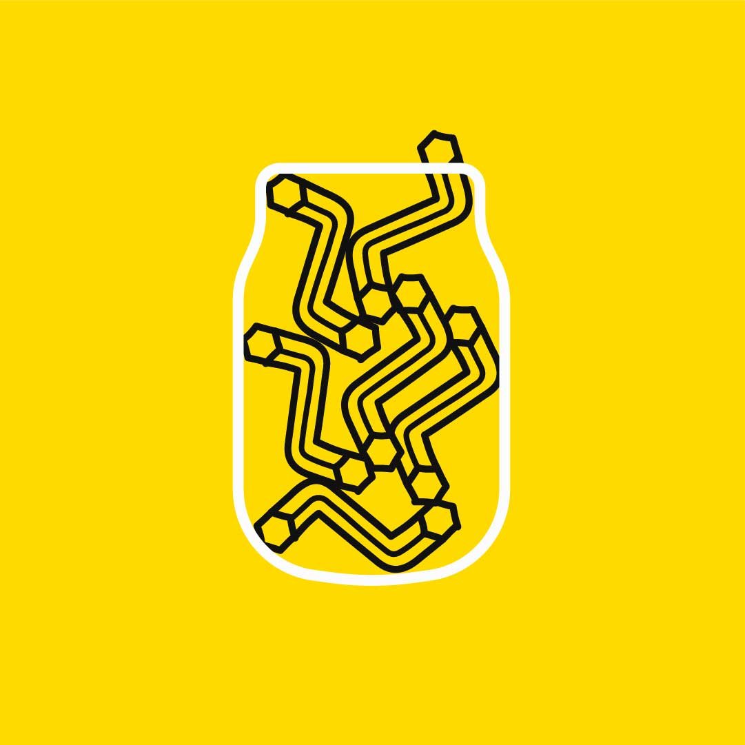 A drawing of a jar with black allen keys inside, a bright yellow background behind.