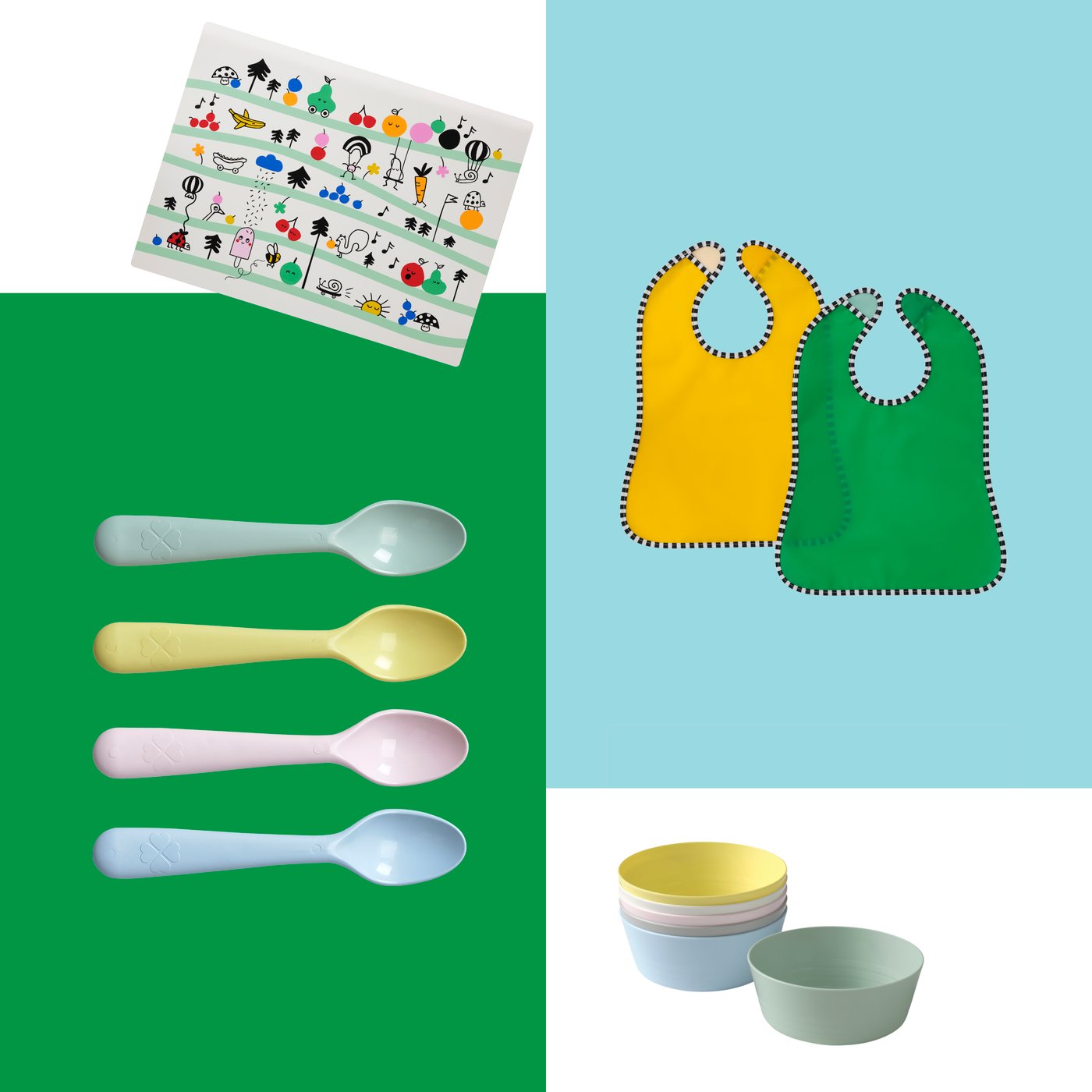 A graphic shopping spread showing KALAS bowls and spoons, and GRÖNFINK place mat and waterproof bibs.