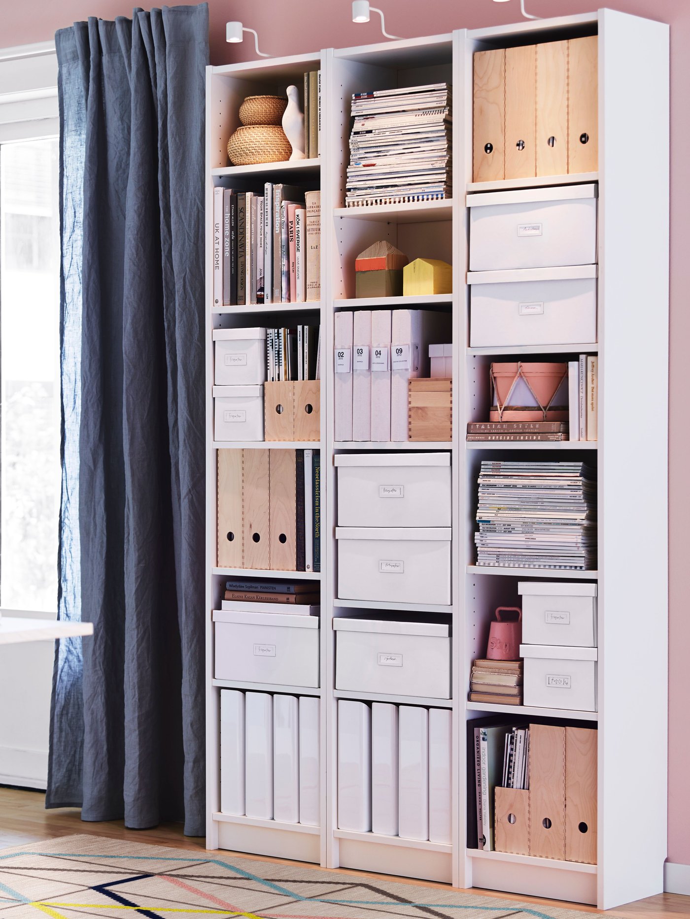 A white BILLY bookcase in the living room