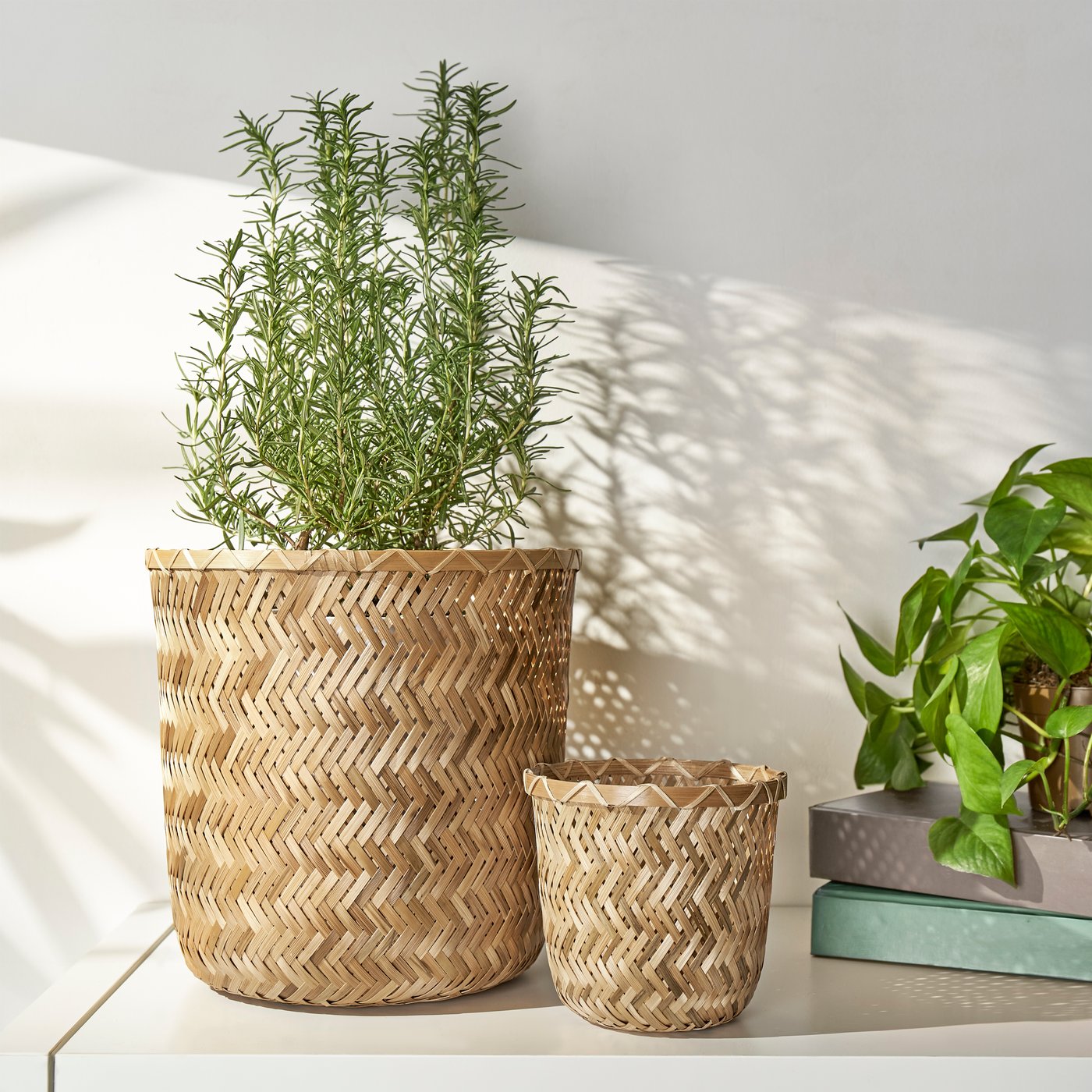 KLYNNON plant pots in natural fiber on a table, with green plants in a bright interior