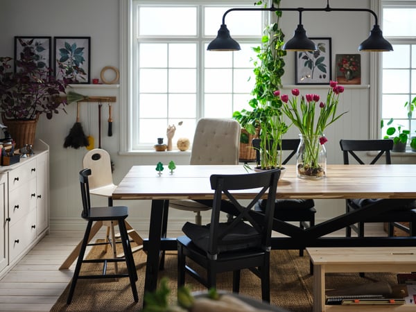 Cozy living dining room with various dining chairs