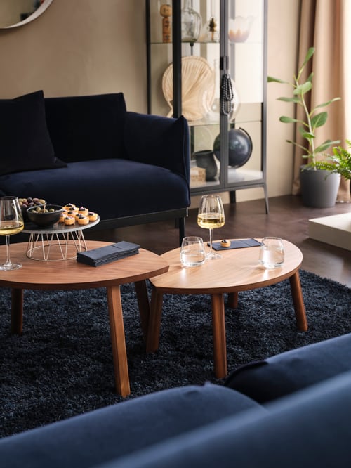 Deux canapés ÄPPLARYD face à face avec deux tables basses STOCKHOLM entre eux, sur lesquelles se trouvent de la nourriture et des verres de vin et d’eau.