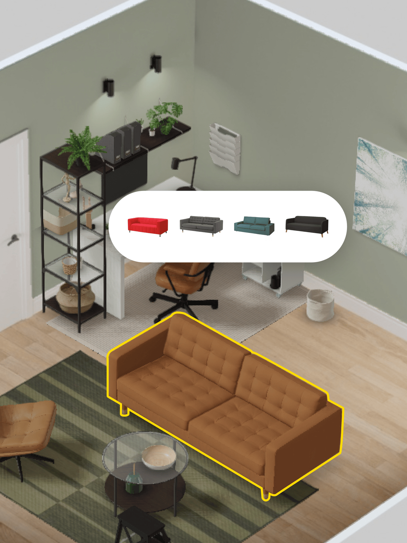 A visual representation in IKEA Kreativ of a living room with a brown leather sofa, with icons of other sofas displayed above it.