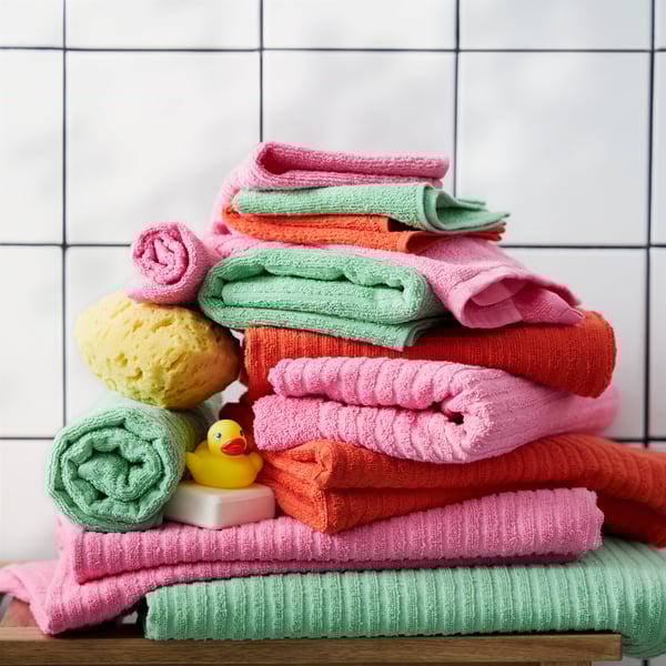 Twelve VÅGSJÖN towels in green, pink and red colours, folded in a pile on a wooden stool next to a white tiled bathtub.