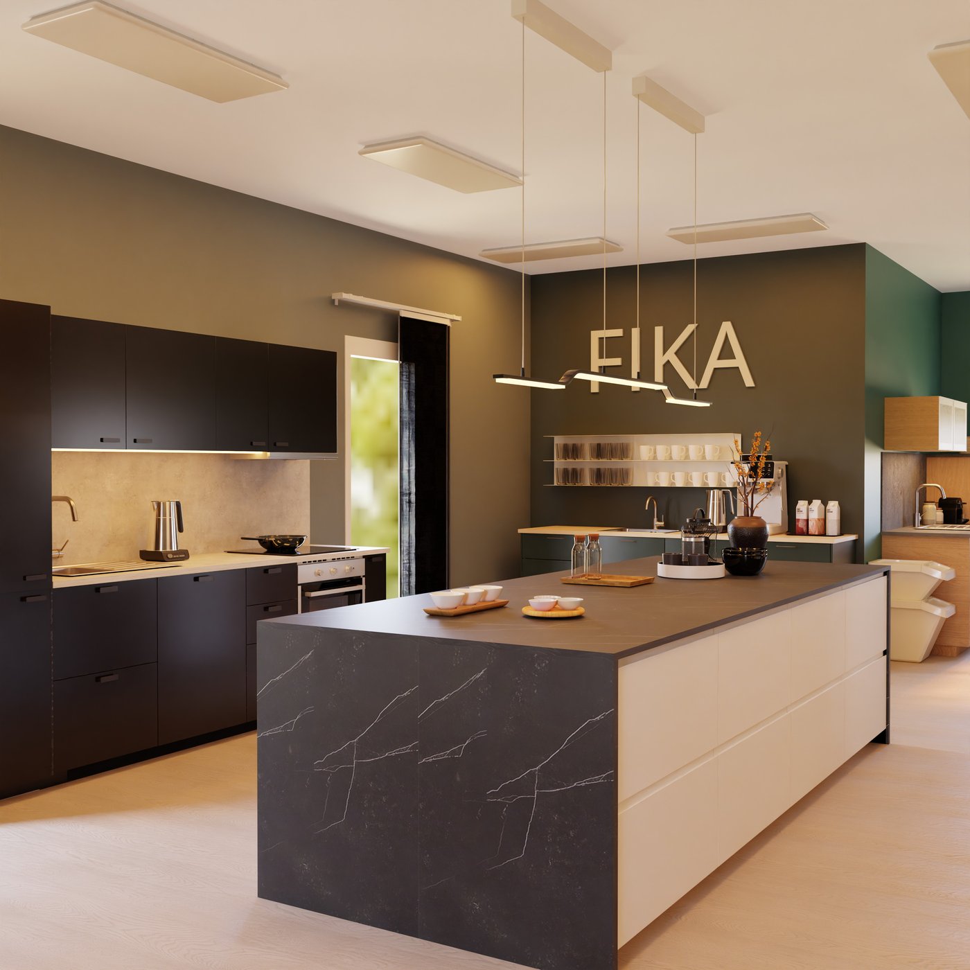 Moderne Küche mit dunklen Schränken, heller Holzoptik und großer Kücheninsel. FIKA-Schriftzug an grüner Wand, Kaffeestation.