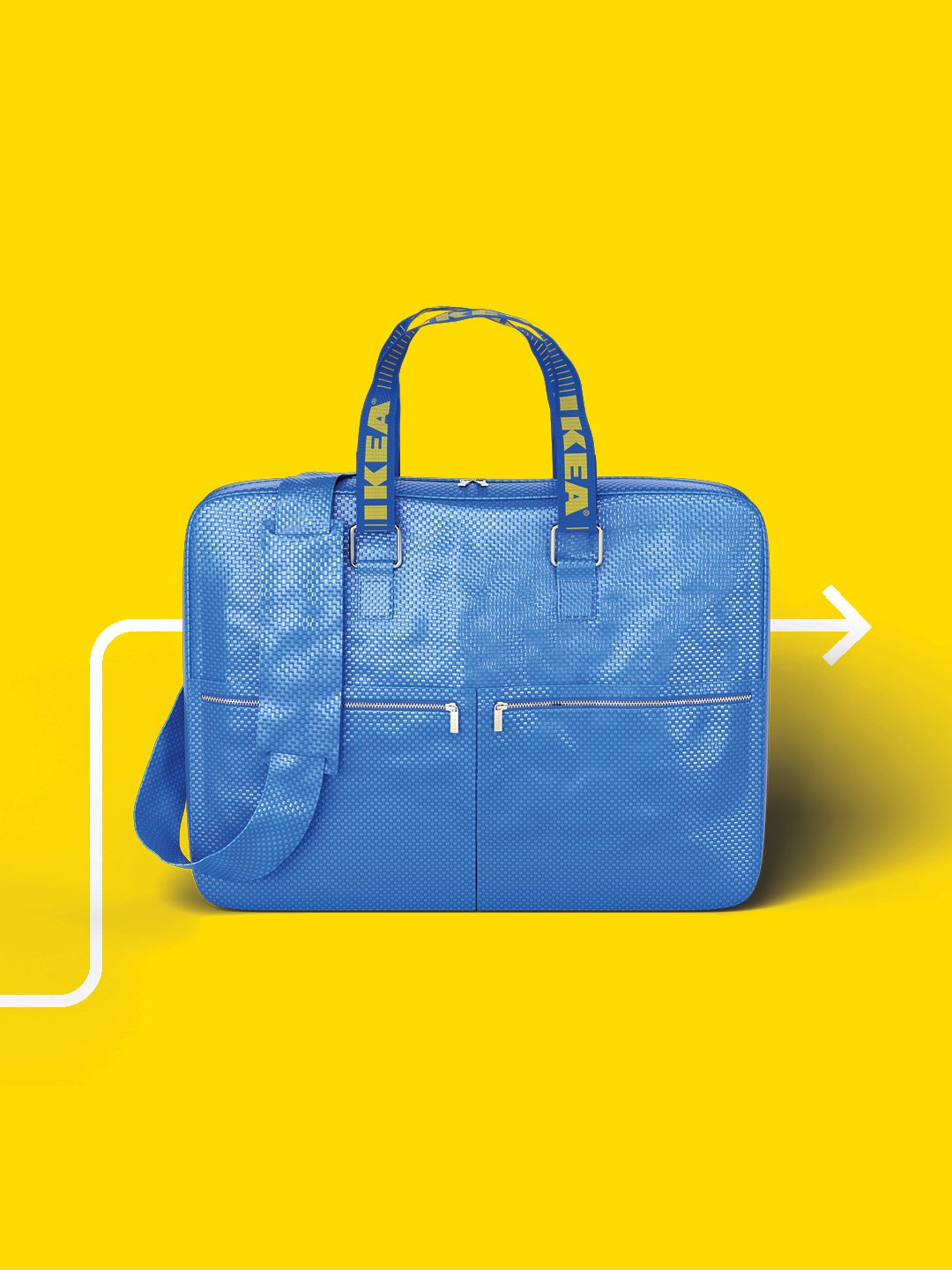 Sac pour ordinateur portable bleu avec poignées et poches frontales, présenté sur fond jaune avec motif de flèche.