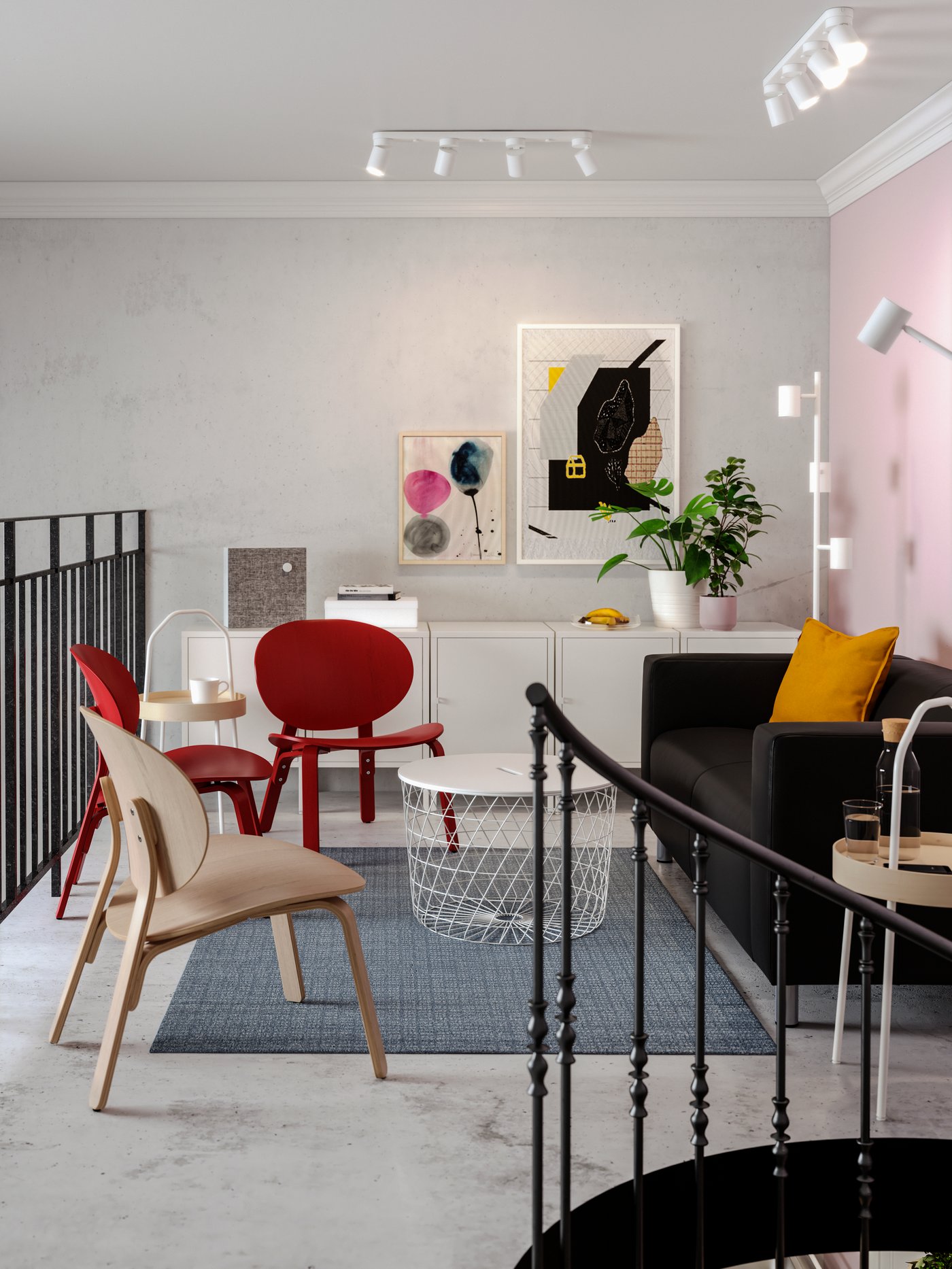 A red stained oak veneer FRÖSET easy chair in the living room