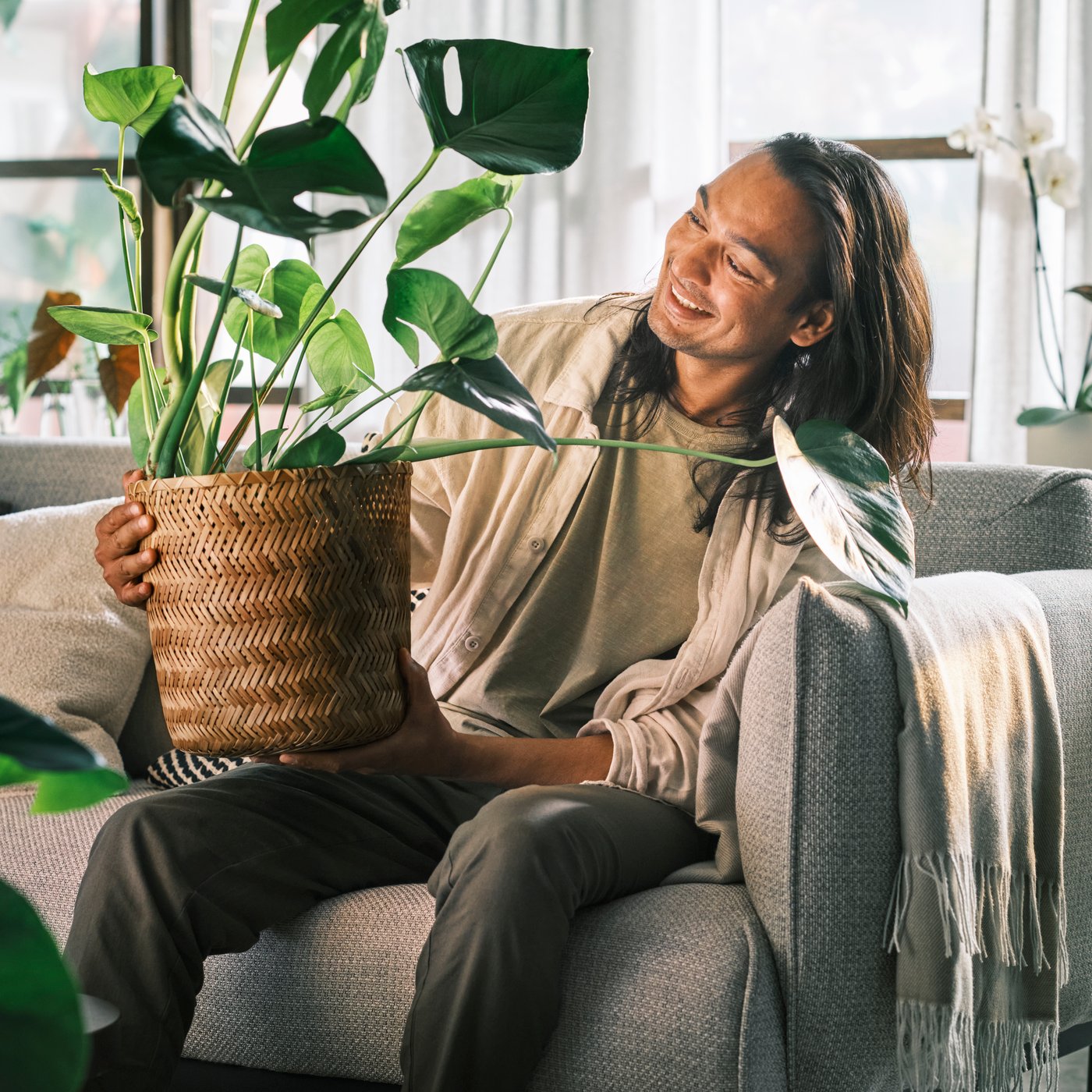 A person sits on a light grey sofa holding a large potted plant in front of some windows in a sunny room.