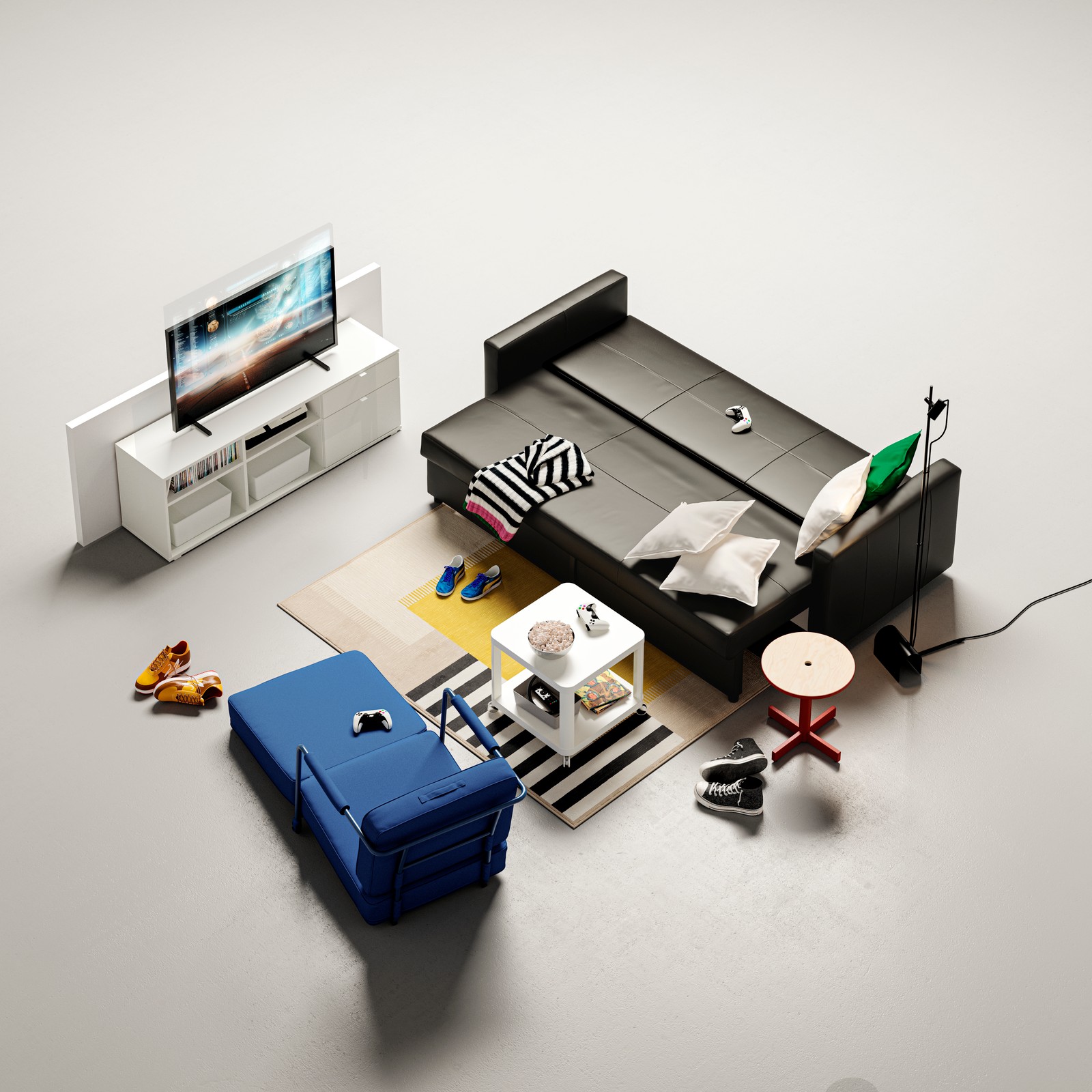 A FRIHETEN 3-seat sofa-bed, configured as a bed, stands in front of a VIHALS TV bench near a BRÄNNBOLL gaming lounge chair.