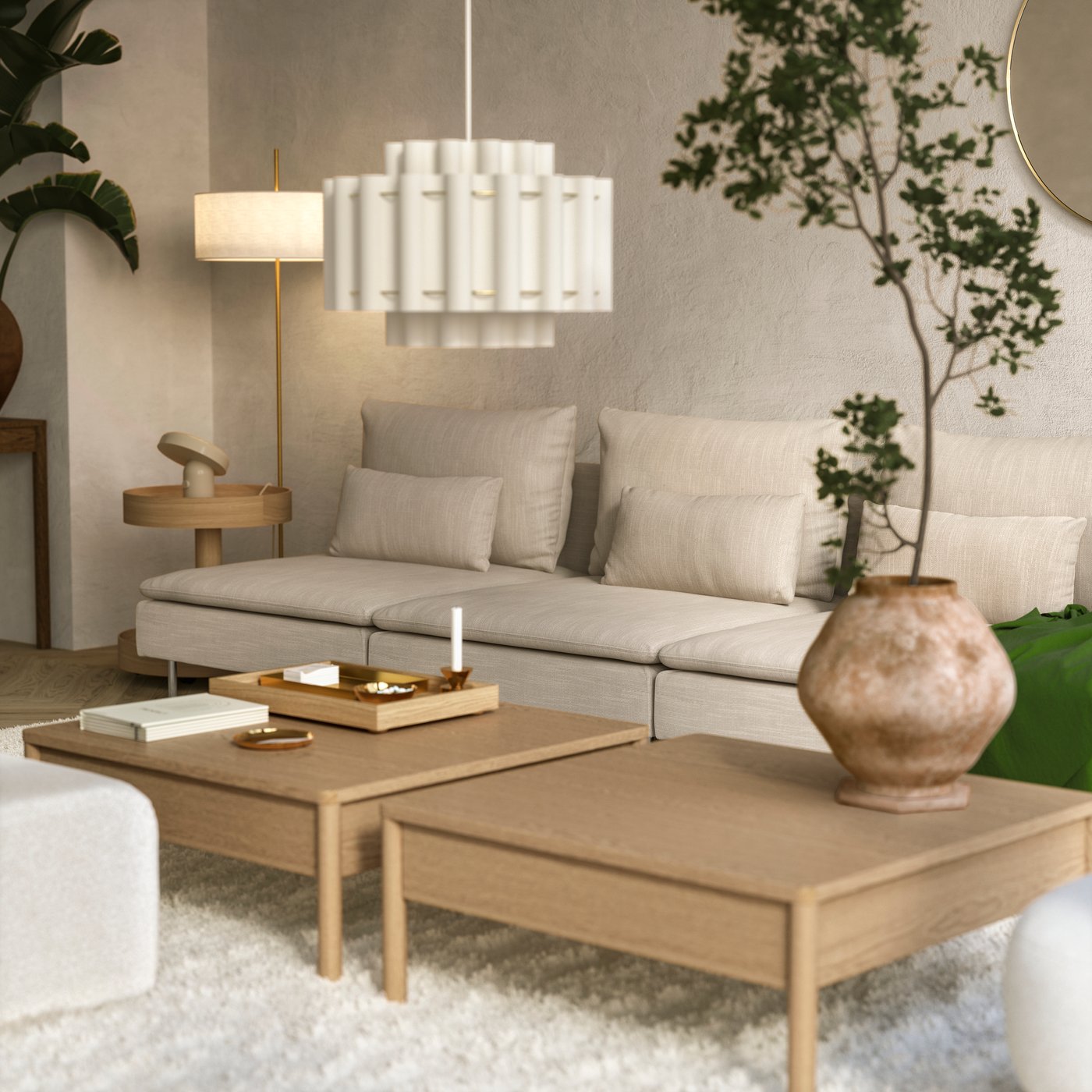 An airy, modern bedroom has an inviting bed with a SAGESUND upholstered bed frame in Diseröd brown, on a big striped rug.