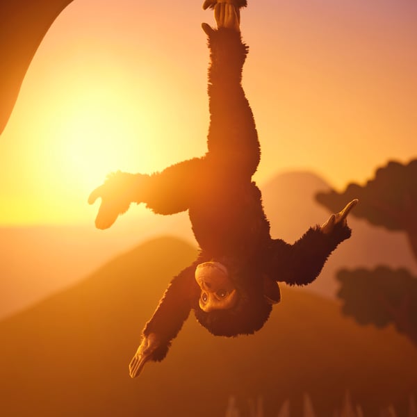 A black SANDLÖPARE soft toy chimpanzee hangs by its feet in a sunny savannah landscape.