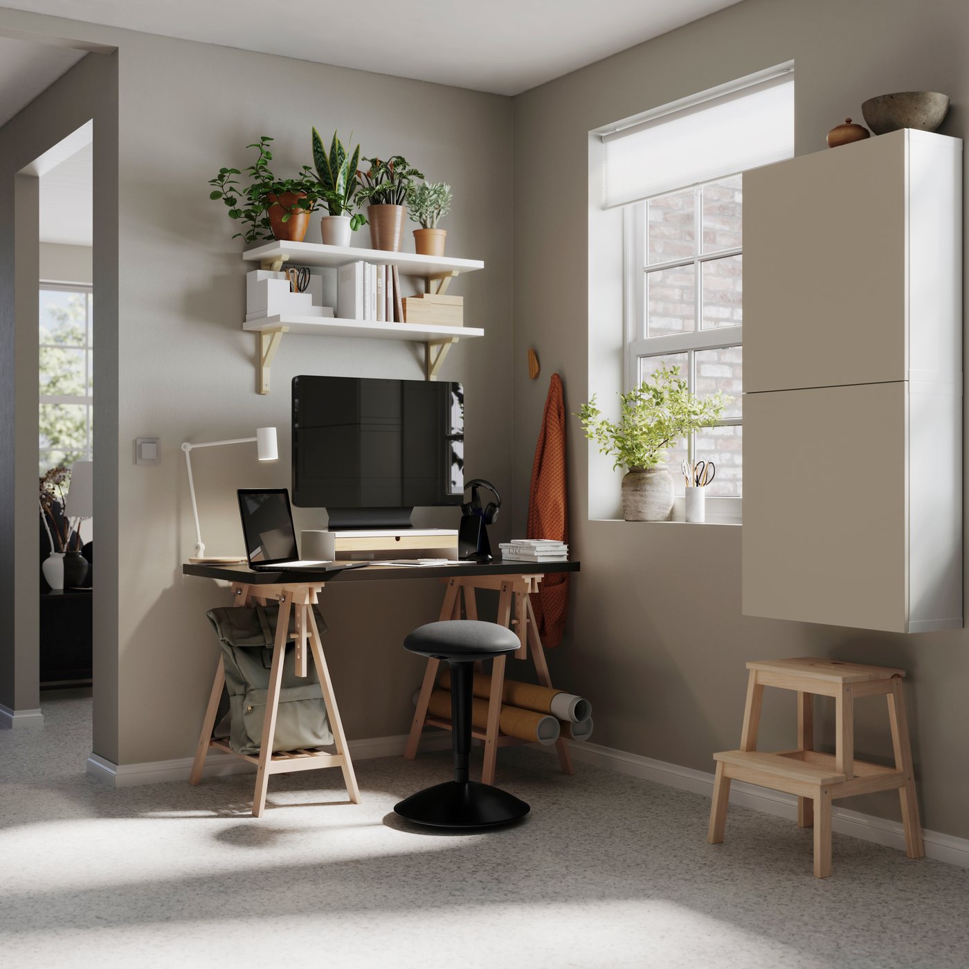 Home office with computer desk at centre of room