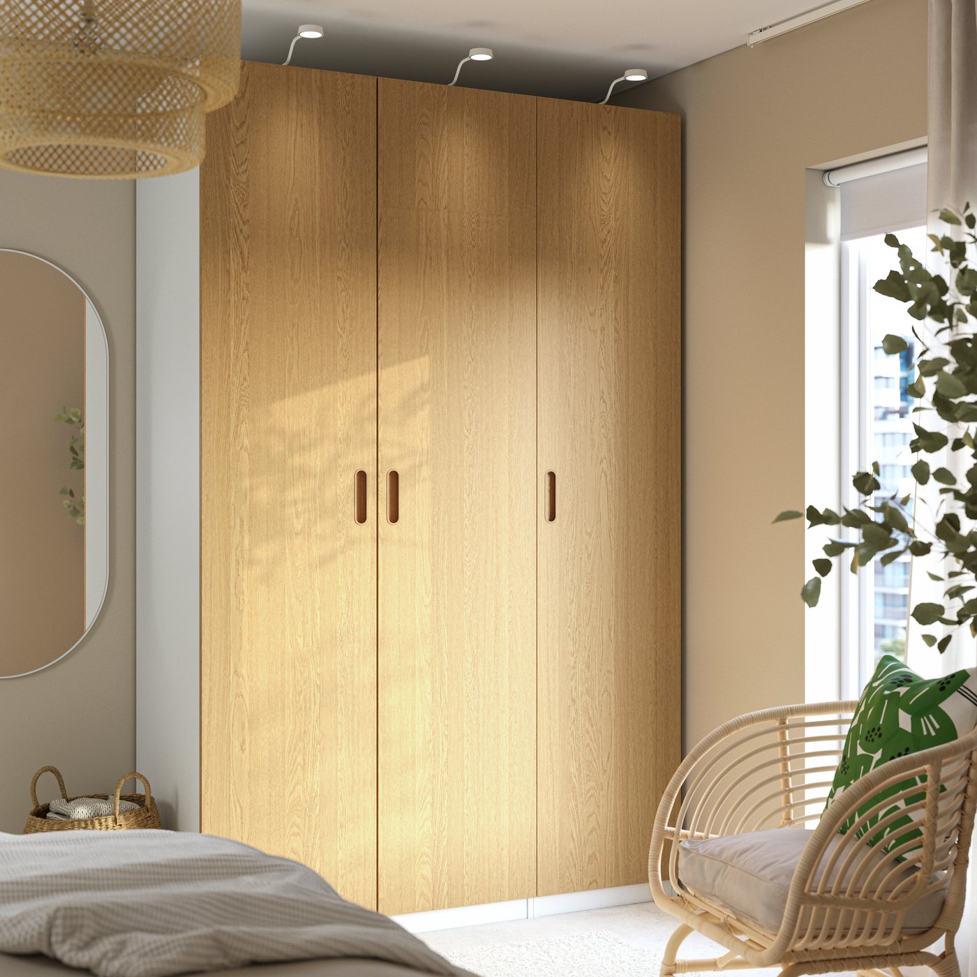 A white/oak veneer PAX wardrobe combination