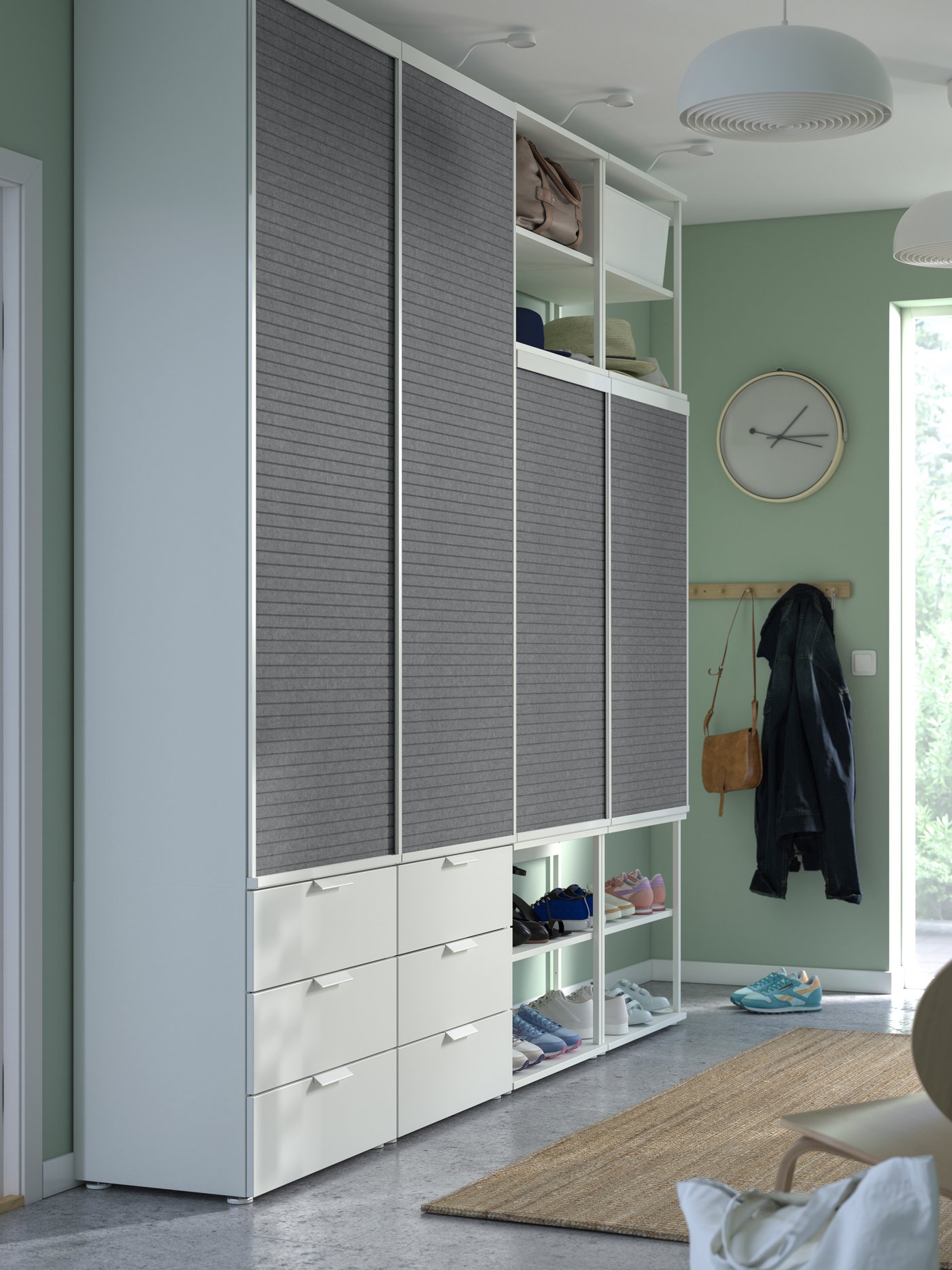 Ein weißer Larkollen/dunkelgrauer FONNES weißer PLATSA offener Kleiderschrank mit 4 Schiebetüren + 6 Türen