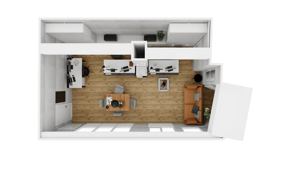 Grundriss eines Büros von einem Handwerksbetriebes mit drei Abreitsplätzen und einem Sofa