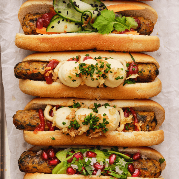 Vegetable sausages with three toppings