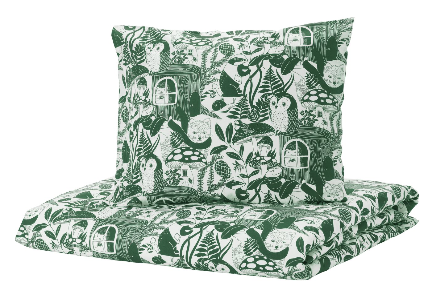 IKEA SKOGSDUVA påslakan 1 örngott, vit grön/skogsmönster, 150x200/50x60 cm