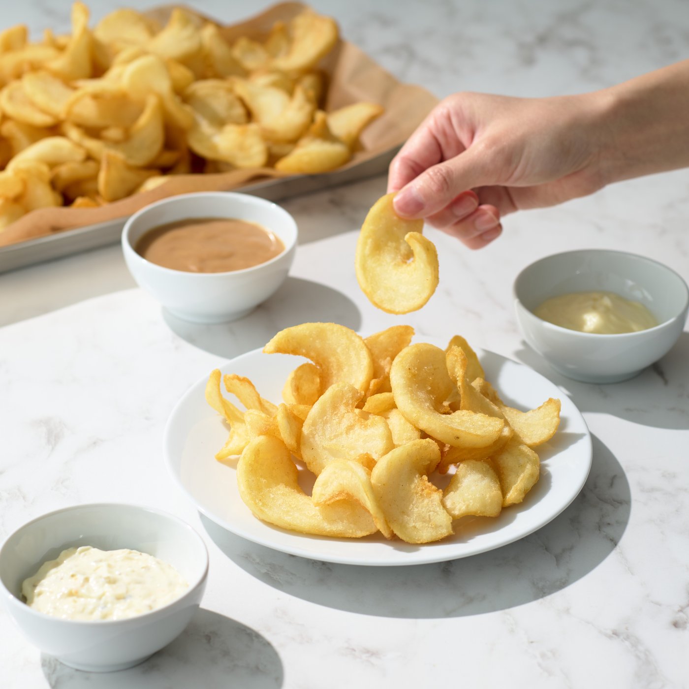 テーブルの上に並べられているツイストフライドポテトとトッピングソース