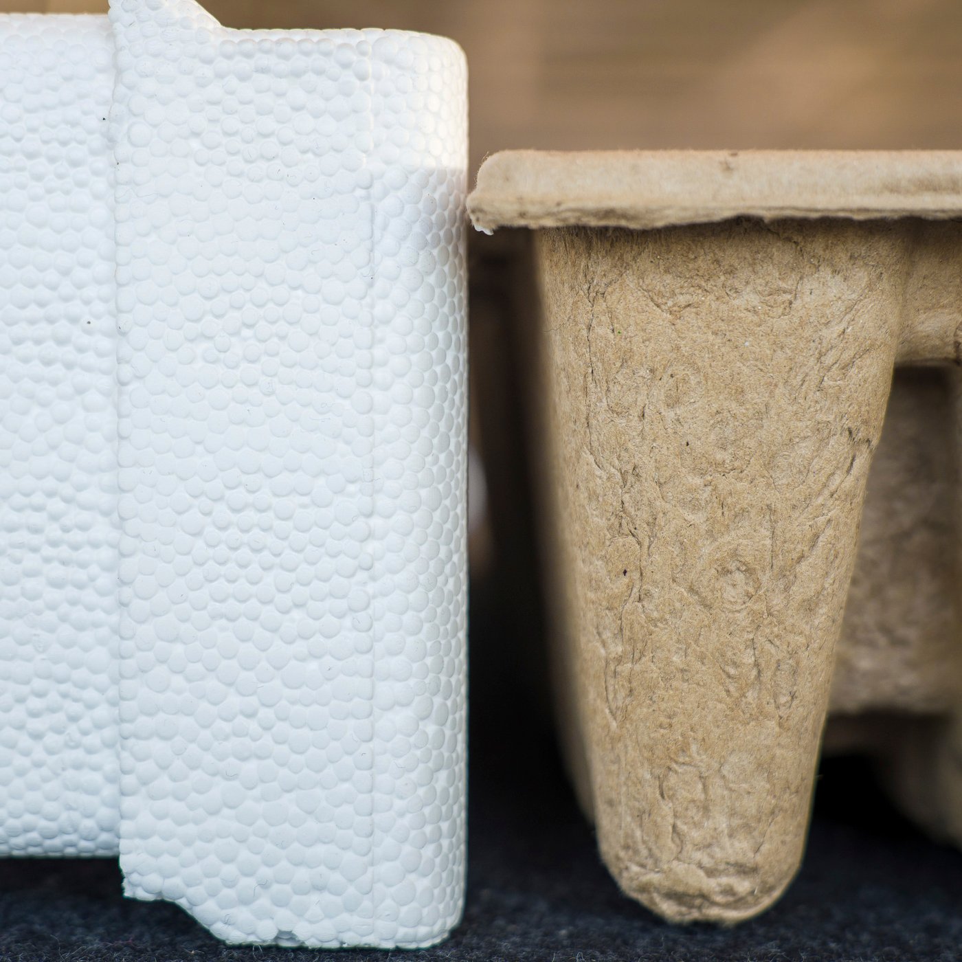 An EPS plastic packaging solution for an appliance is partially visible next to part of a paper-based packaging solution.