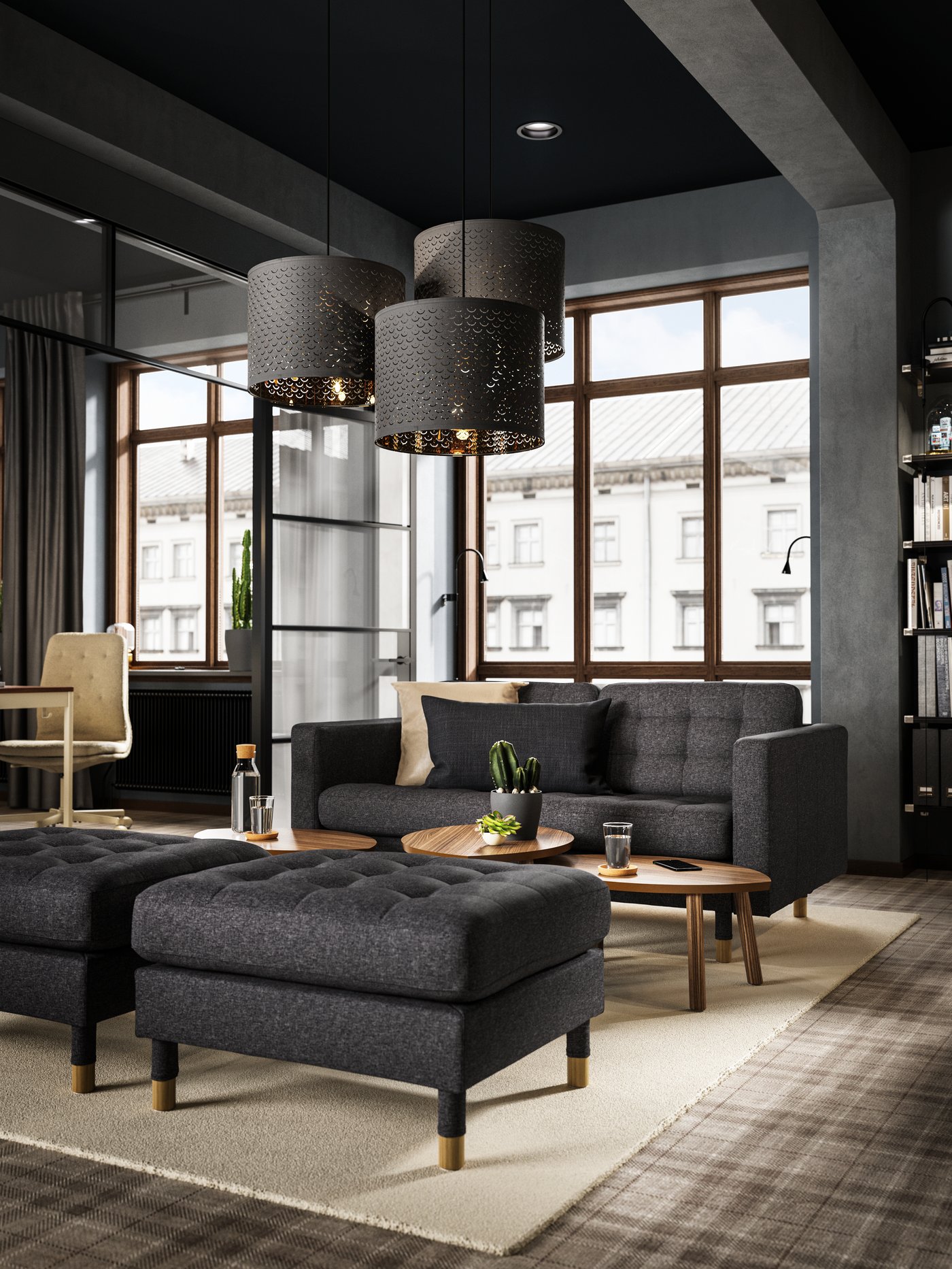 A Gunnared dark grey/wood LANDSKRONA footstool in the living room