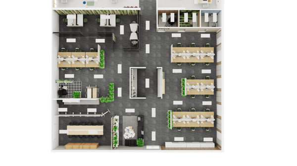 Grundriss eines Großraumbüros aus der Vogelperspektive. Unterschiedliche, räumlich abgegrenzte Arbeits- und Ruhebereiche.
