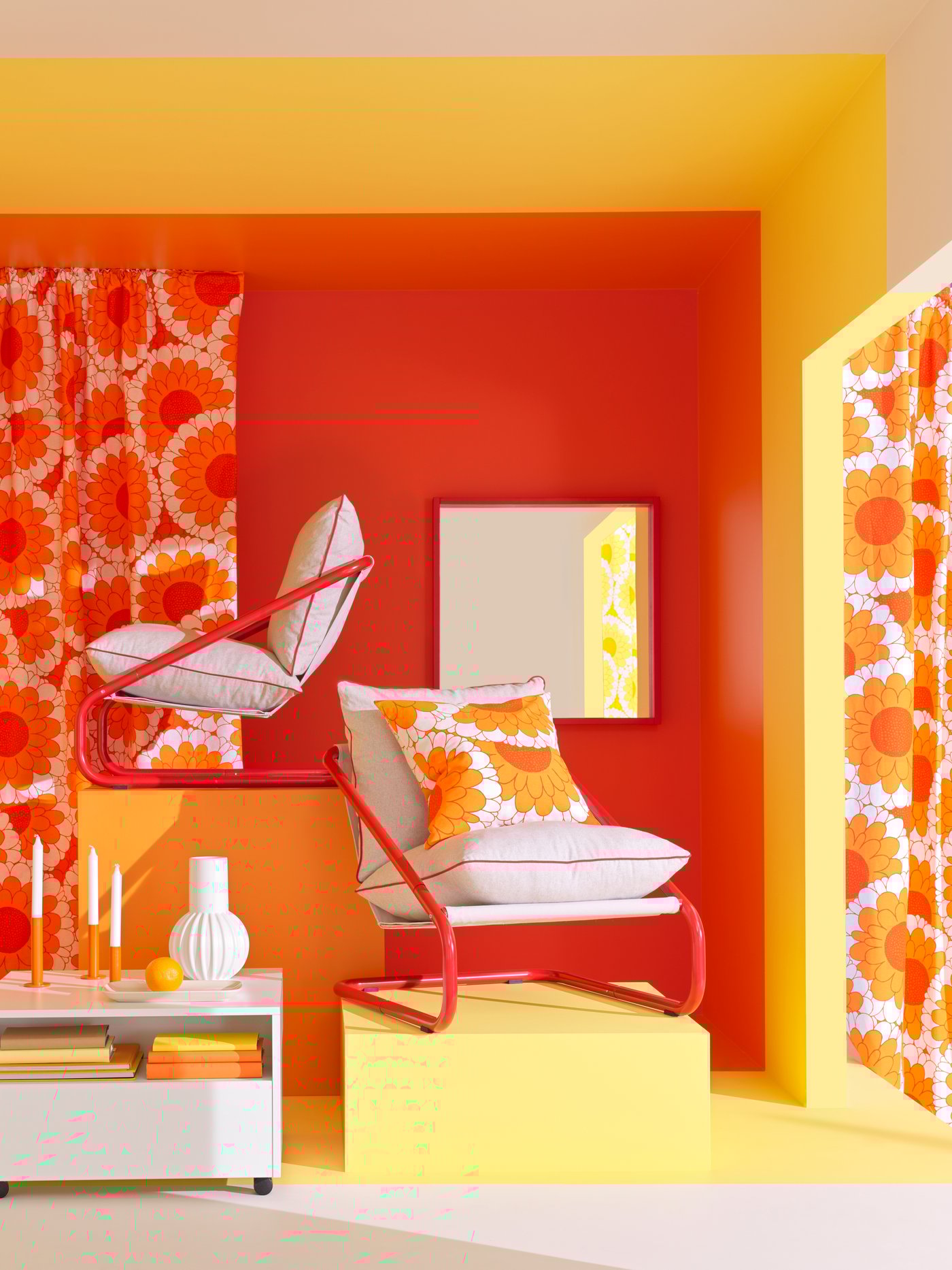 Two ÖNNESTAD armchairs in red stand on podiums in a room surrounded by the SANDETERNELL 3-metre pre-cut fabric in orange.