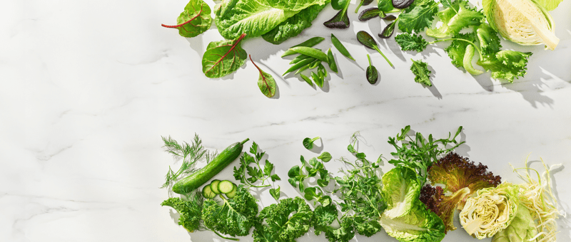 Elementi vegetali sparsi su una superficie in marmo