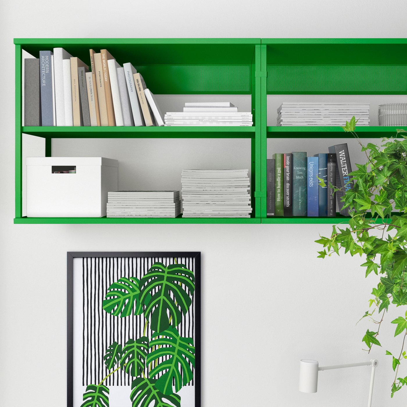 A green PLATSA open shelving unit