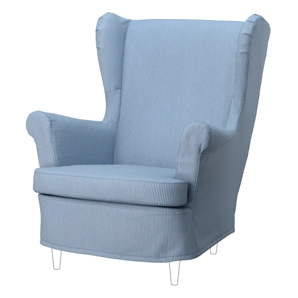A Sjölyckan dark blue/beige stripe pattern STRANDMON slipcover for wing chair