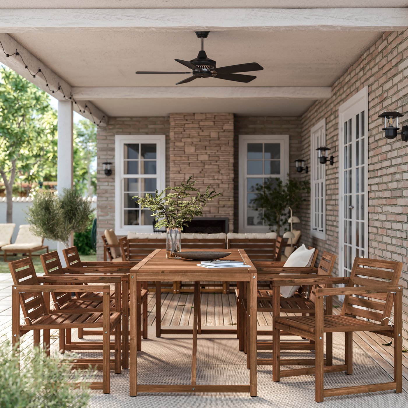 NÄMMARÖ table painted light brown + 6 chairs with armrests, outdoor